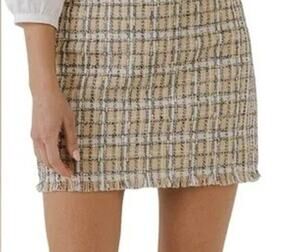 Anthropologie English Factory Cream and Blue Tweed Lined Mini Skirt Size Small
